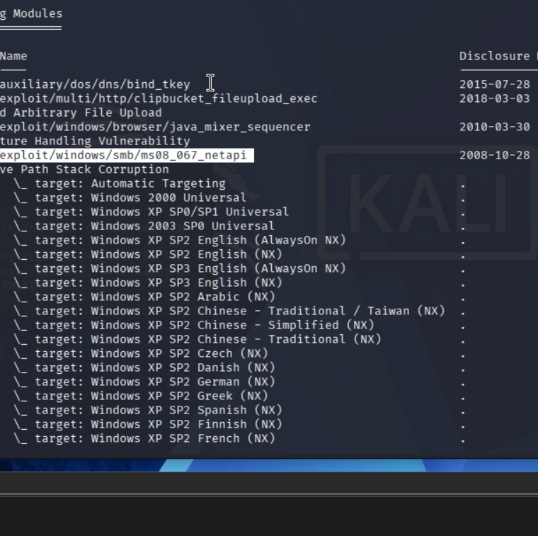 Listado de targets de MS08-067